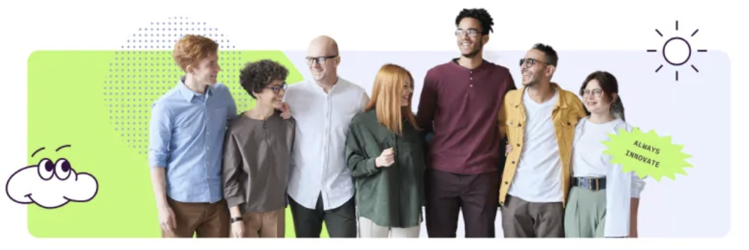 A diverse team collaborating joyfully